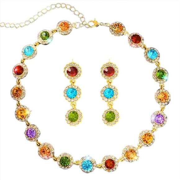 Colorful Crystal Jewelry Set Necklace Earrings Rhinestone Sparkly Party Gift Wom - Picture 1 of 7